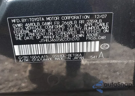 2008 Lexus Es 350 z USA, uszkodzony, nr VIN JTHBJ46G582201070